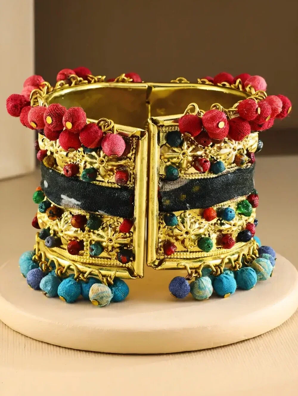 Handcrafted Multicolor Fabric-Bead Cuff Bracelet - Boho Gold Accent - Picture 4 of 4